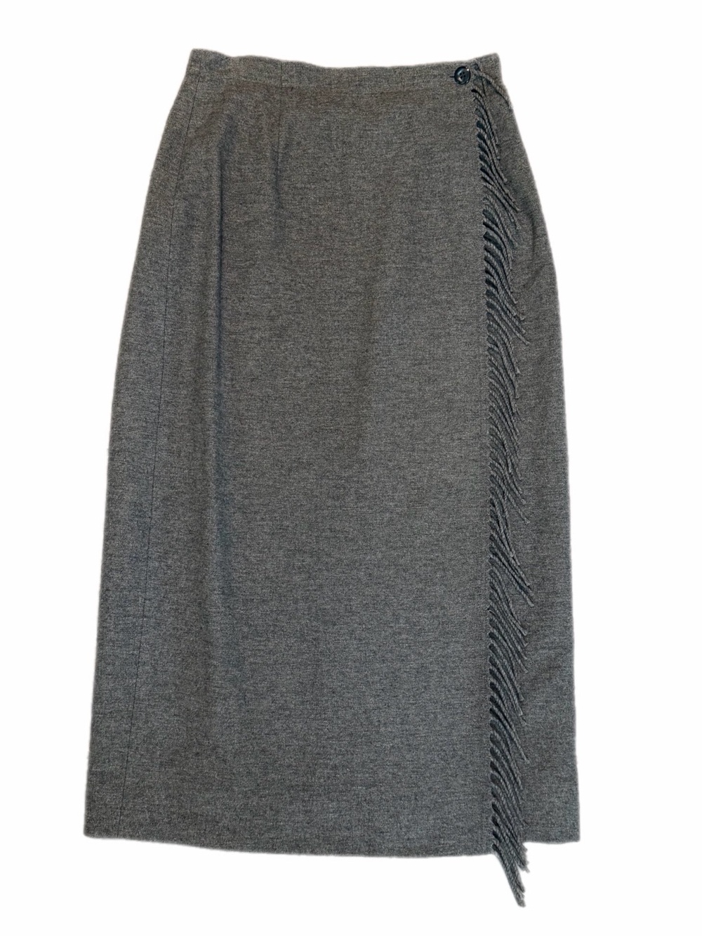 Vintage 90s Lizwear Wool Blend Fringe trim Wrap Midi Skirt Gray size 8 W-26.5”